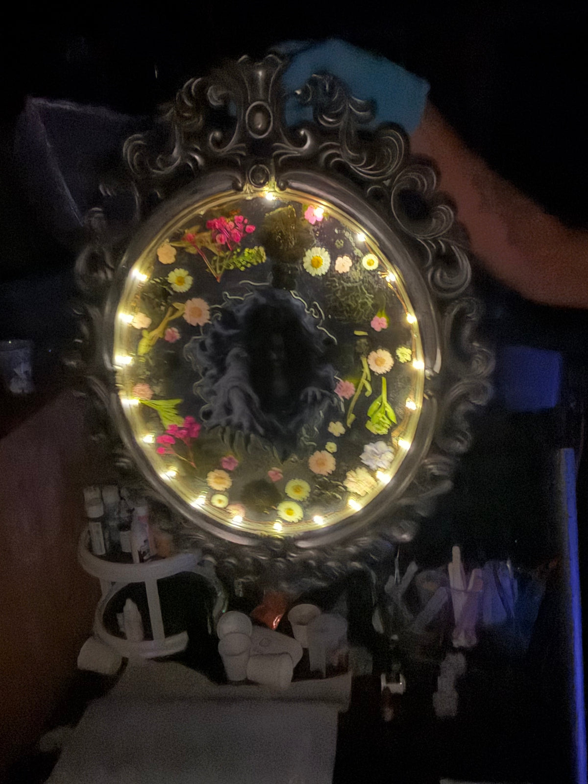 Gothic Pressed Flower Resin Mirror with LED Lights – “She Rises” – additional product view