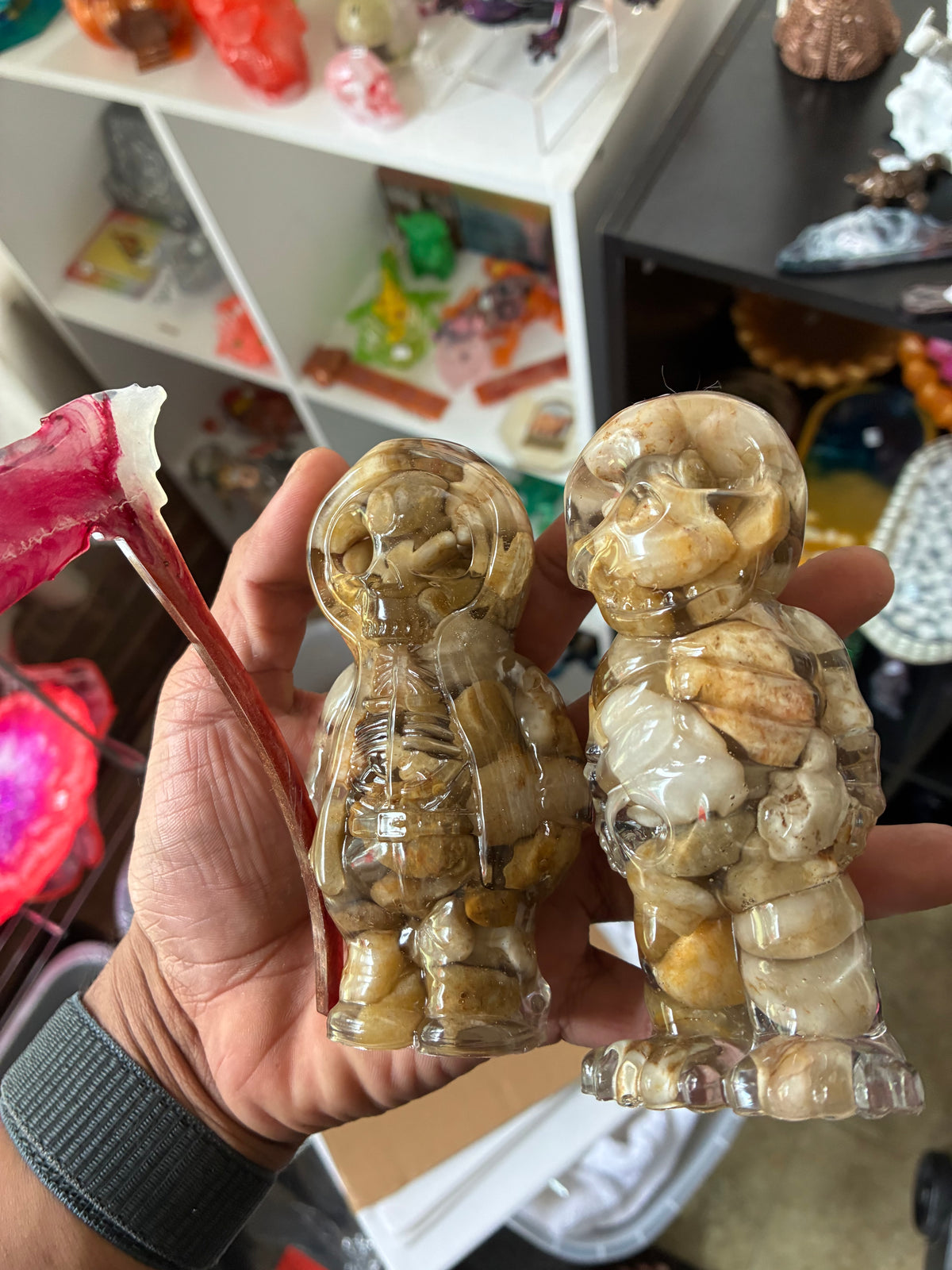 Set of handmade resin reaper skeleton figurines with natural stone details