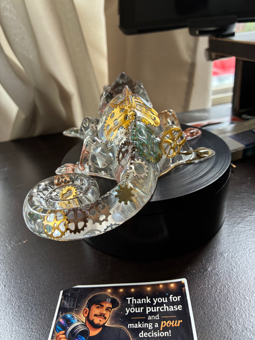 Handmade Steampunk Gear Resin Chameleon Sculpture | Illuminated Decor – additional product view
