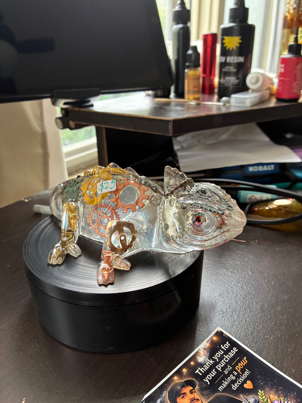 Handmade steampunk resin chameleon sculpture with embedded metal gears