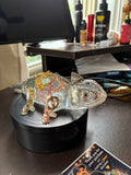 Handmade steampunk resin chameleon sculpture with embedded metal gears