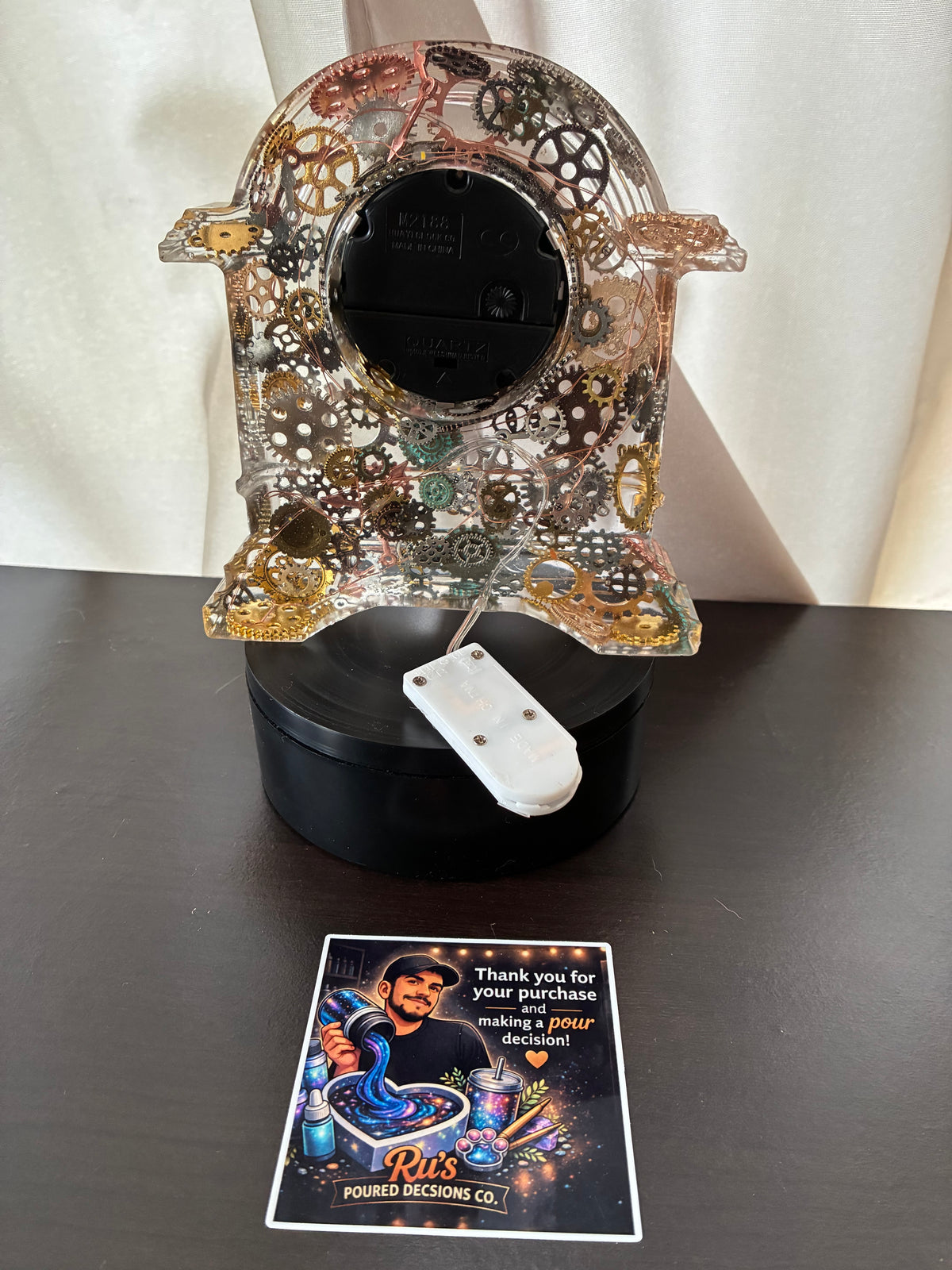 Handmade Steampunk Gear Resin Mantel Clock | Illuminated Industrial Decor – additional product view