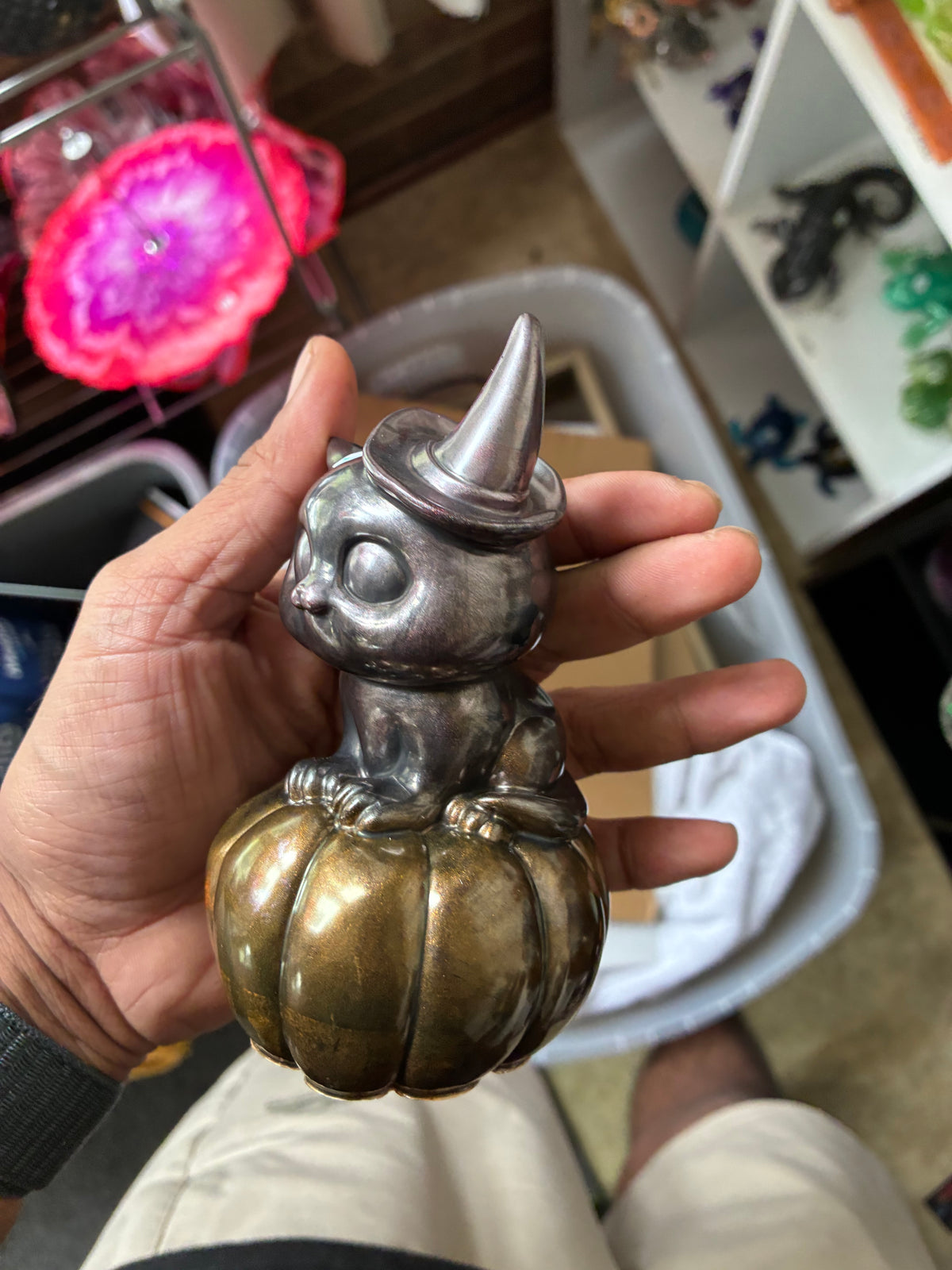 Mystic Pumpkin Cat Witch Figurine – Hand-Painted Black & Gold Resin Halloween Decor – additional product view