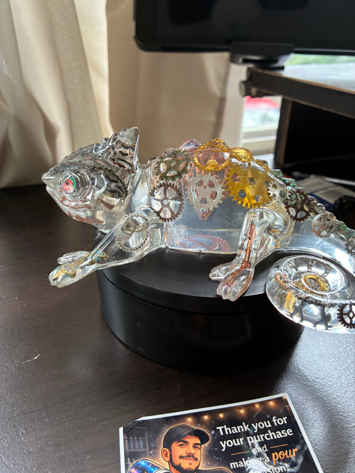 Handmade Steampunk Gear Resin Chameleon Sculpture | Illuminated Decor – additional product view