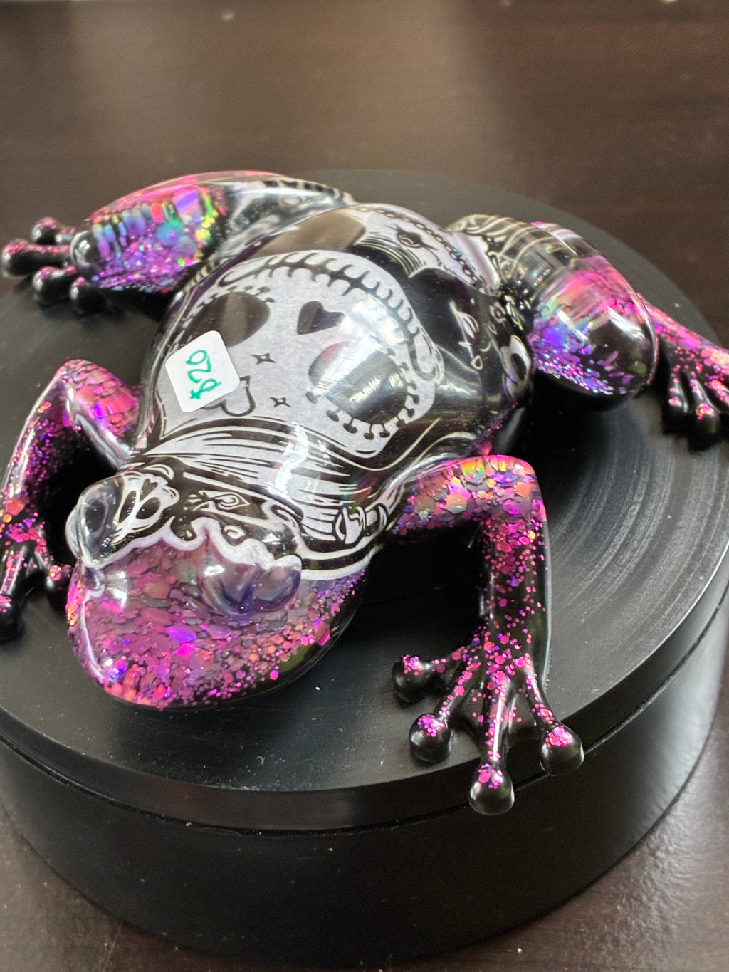 Sugar skull holographic resin frog with Día de los Muertos design