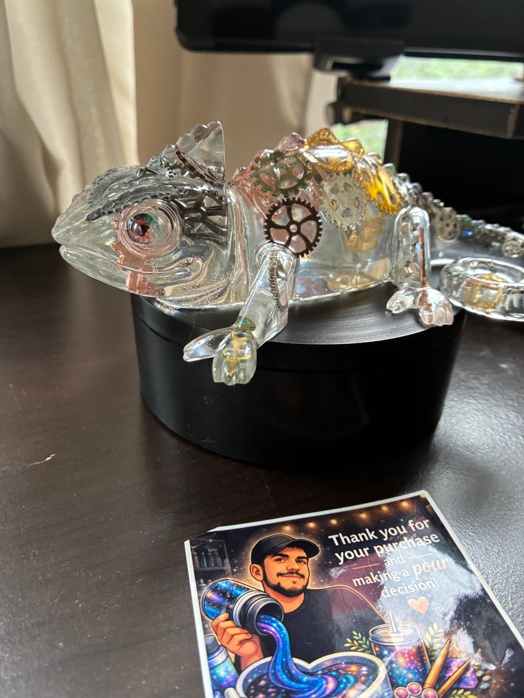 Handmade Steampunk Gear Resin Chameleon Sculpture | Illuminated Decor – additional product view