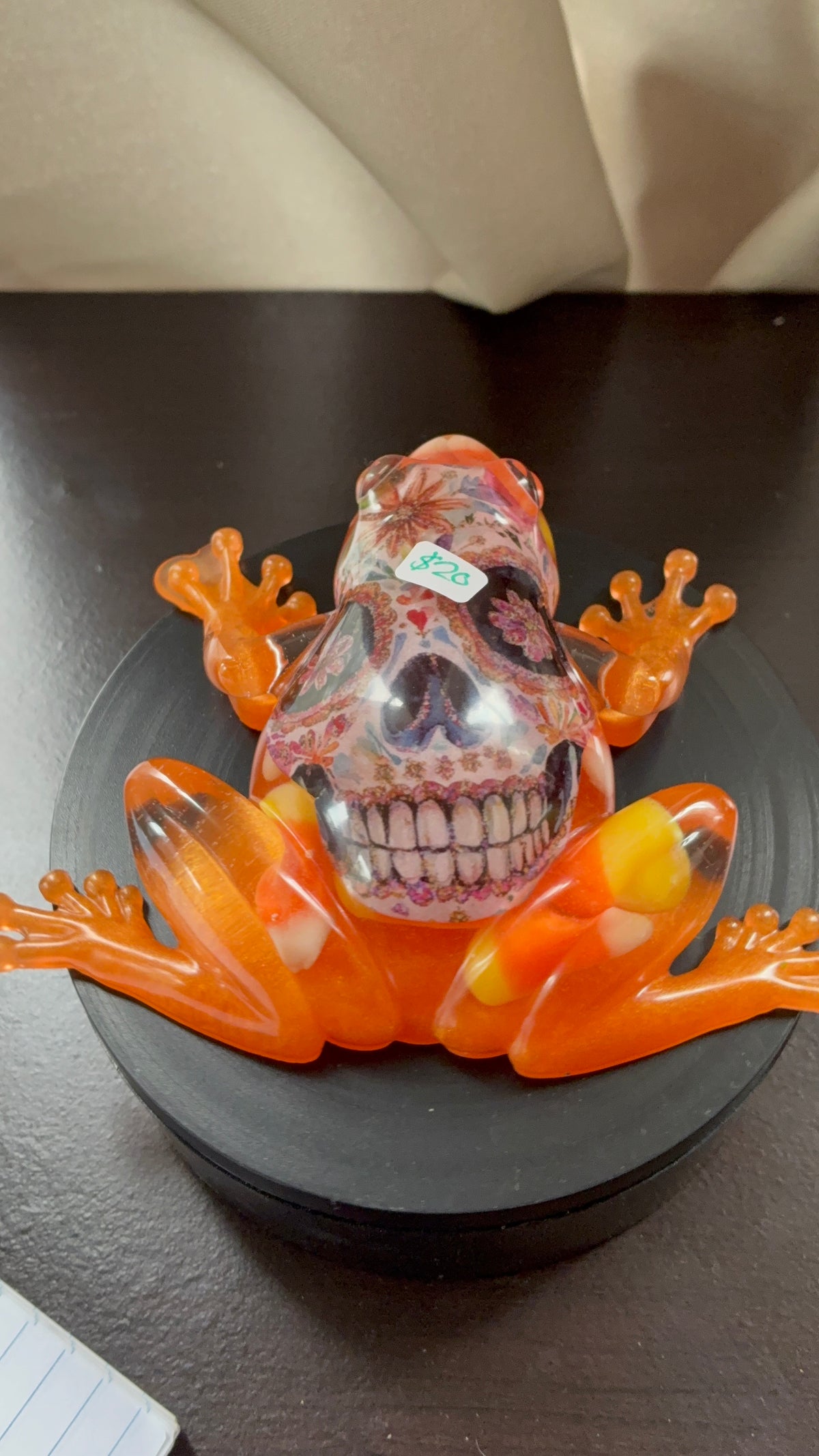 Día de los Muertos resin frog with colorful sugar skull design