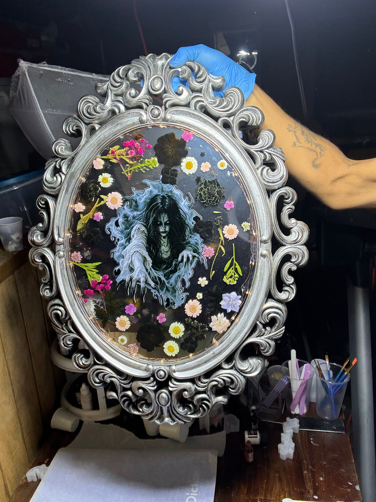 Gothic Pressed Flower Resin Mirror with LED Lights – “She Rises” – additional product view