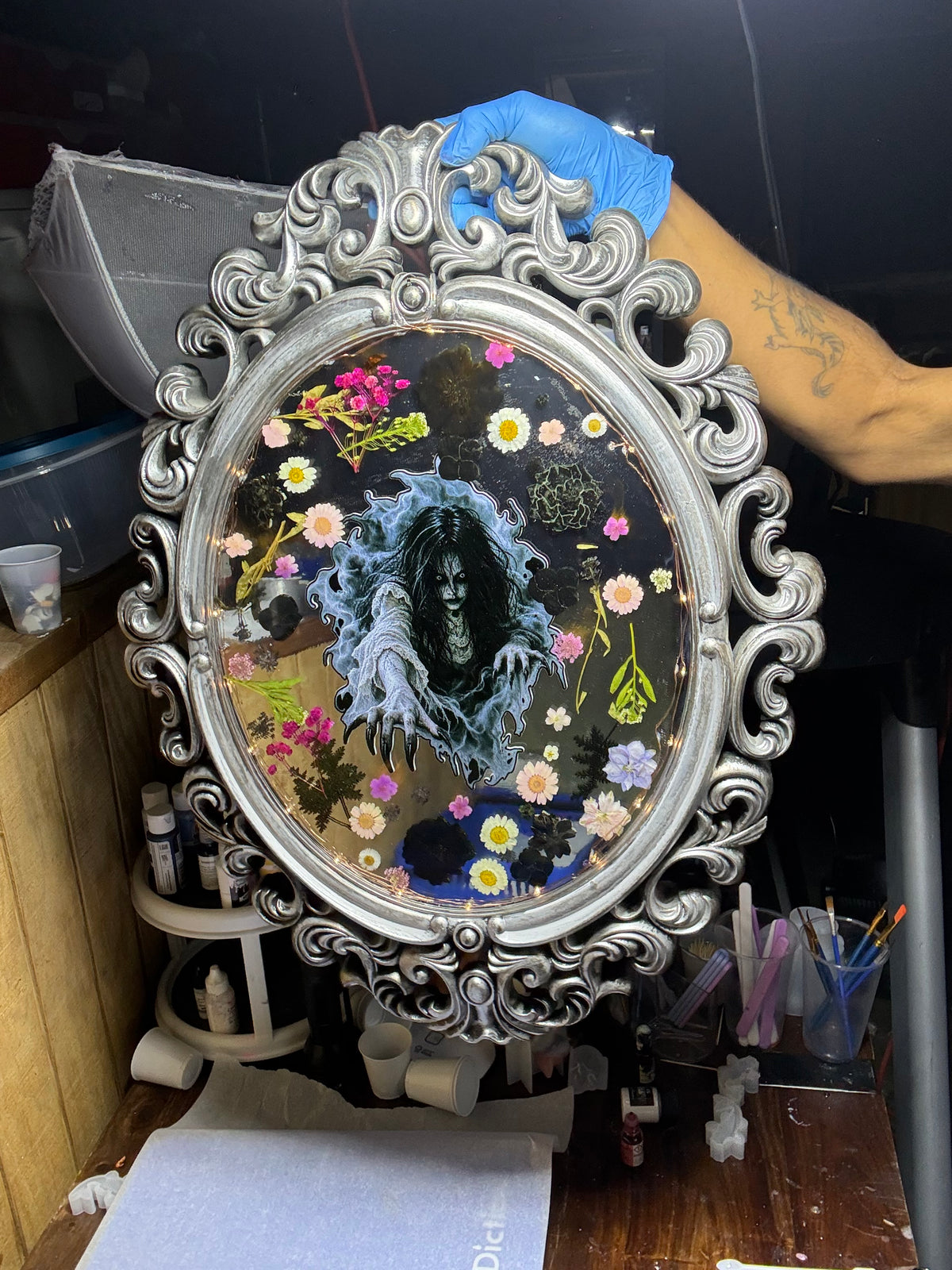 Gothic Pressed Flower Resin Mirror with LED Lights – “She Rises” – additional product view