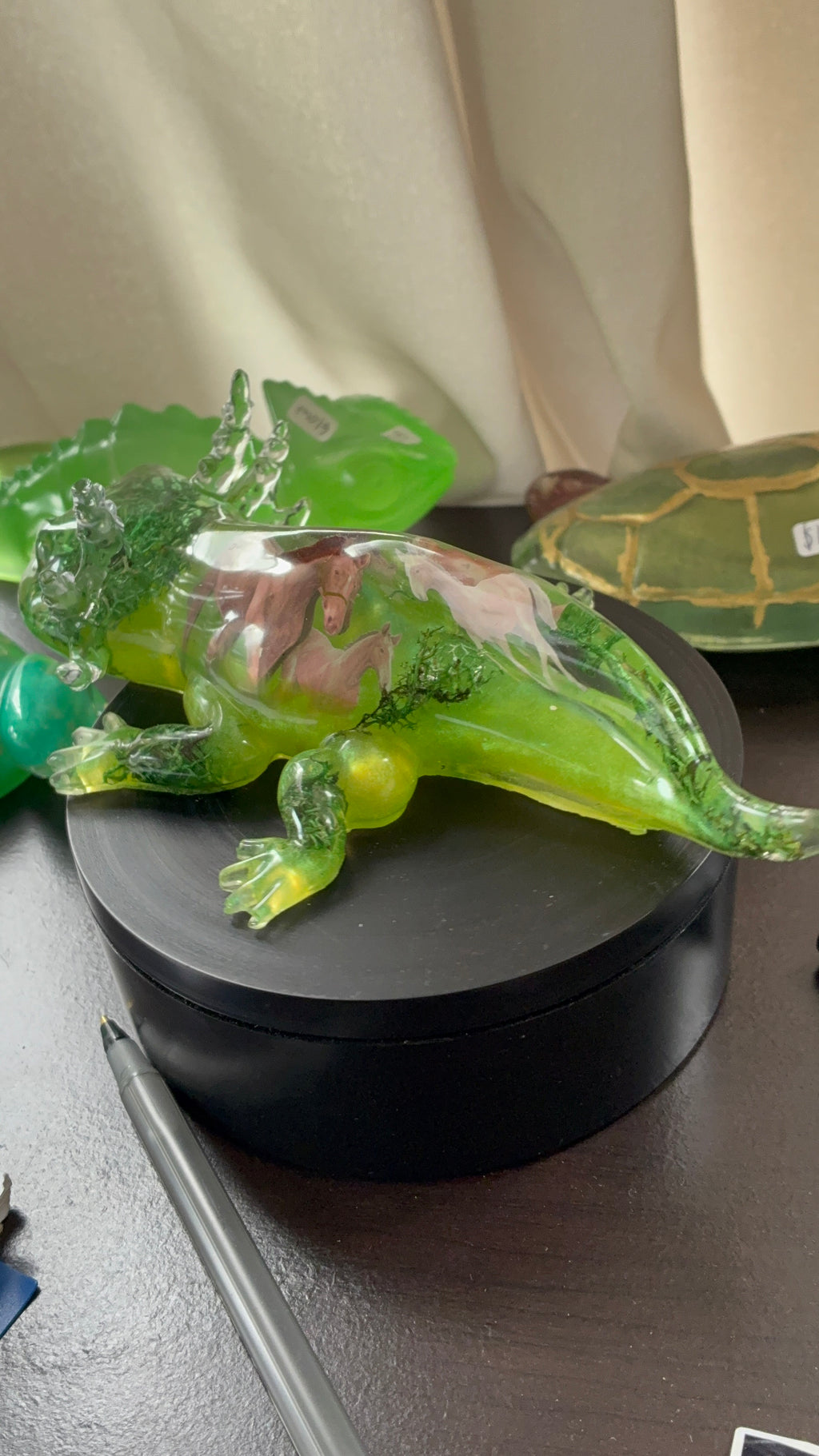 Green Resin Axolotl Figurine with Wild Horse Design – One of a Kind – additional product view