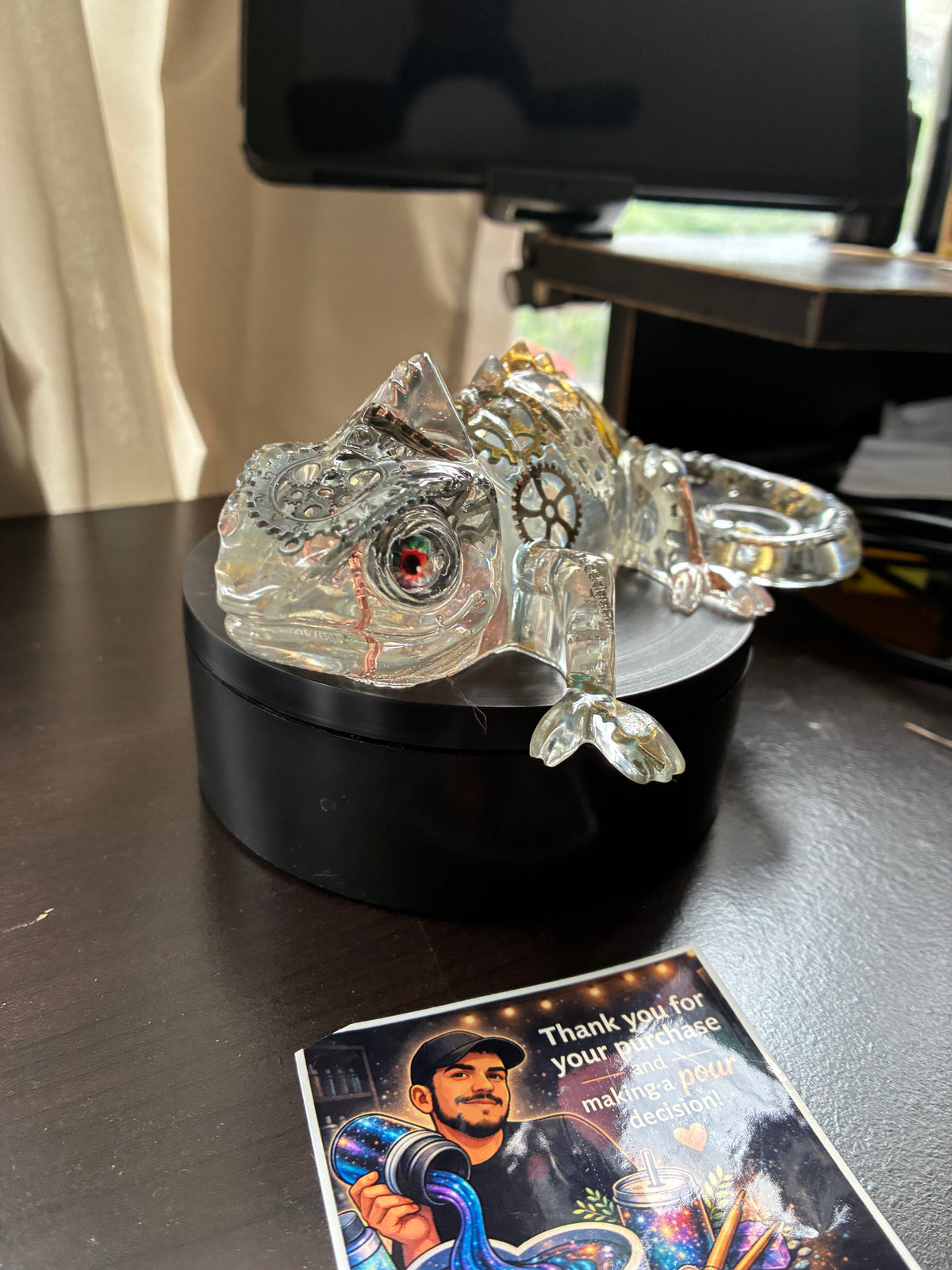Handmade Steampunk Gear Resin Chameleon Sculpture | Illuminated Decor – additional product view