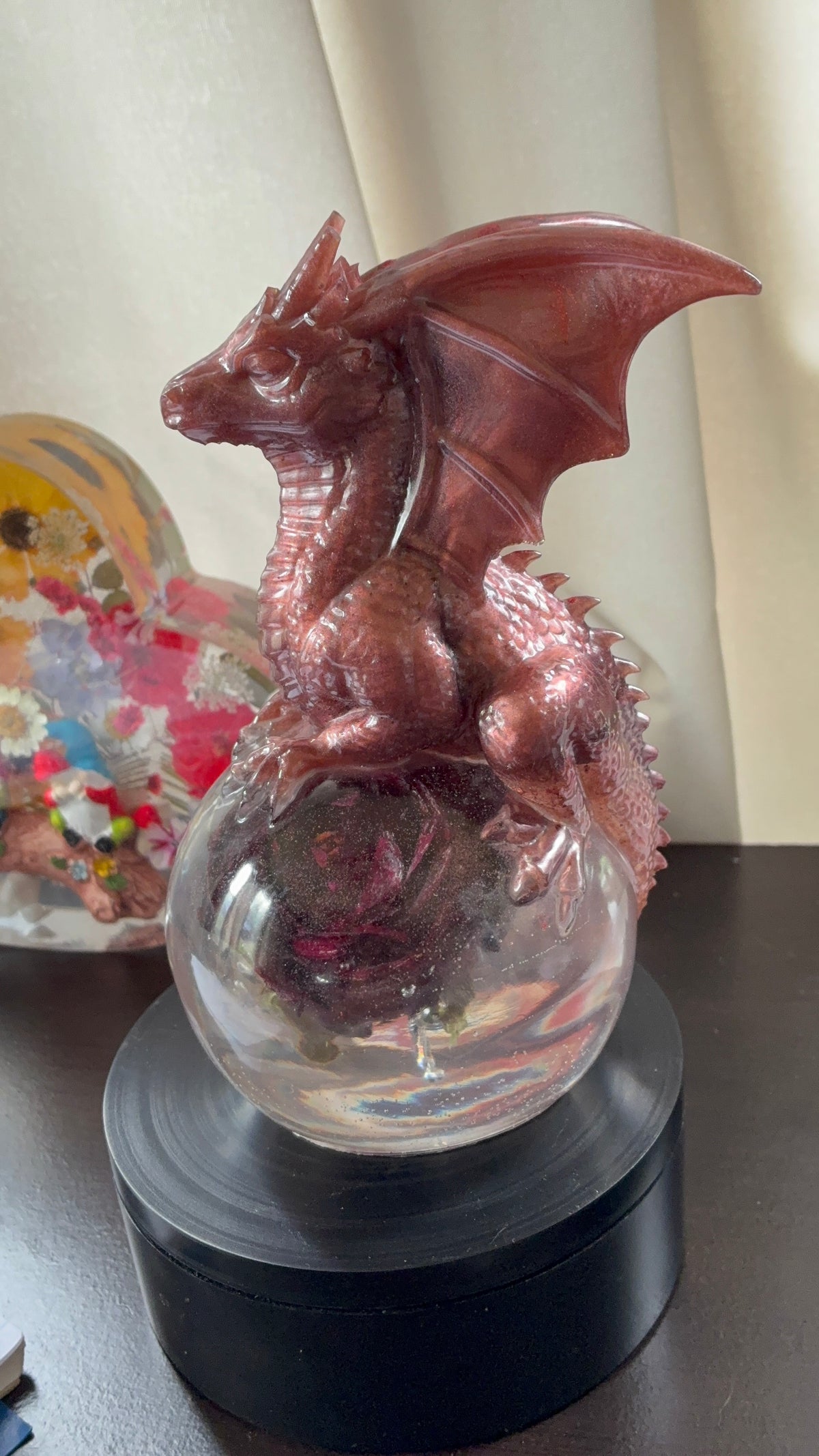 Copper resin dragon on preserved rose sphere fantasy sculpture