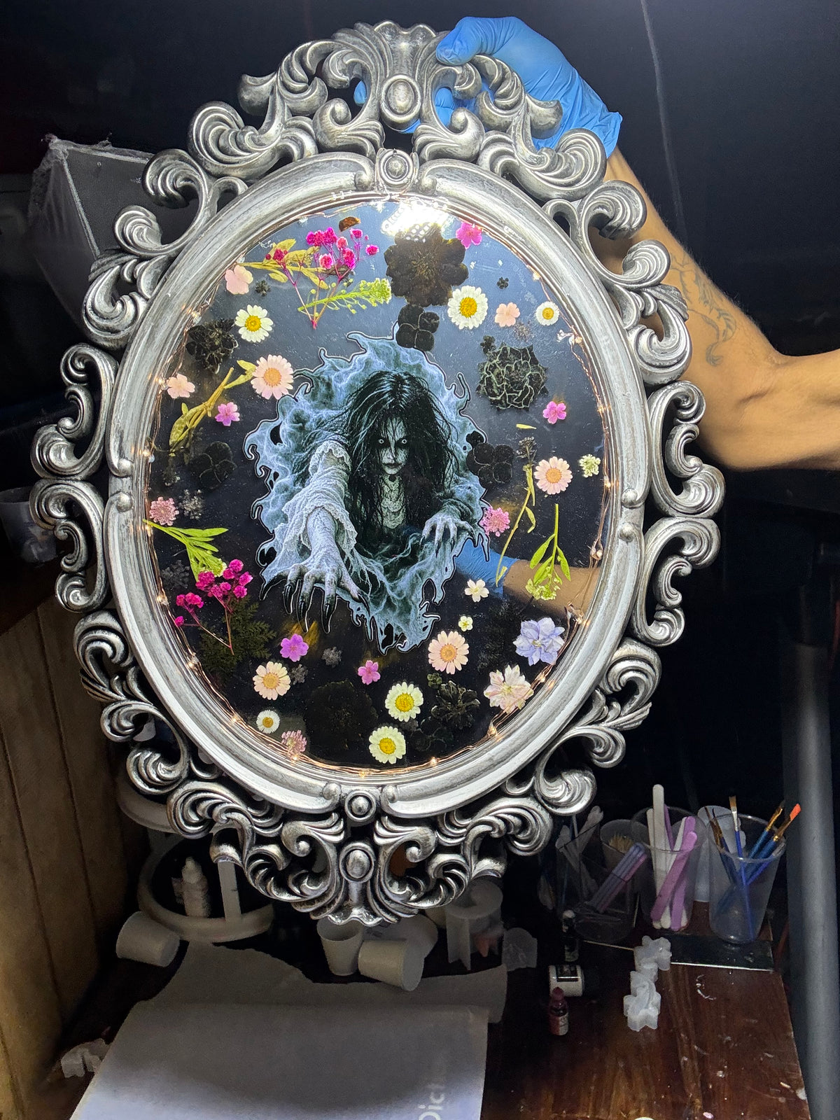 Gothic pressed flower resin mirror with warm LED lights