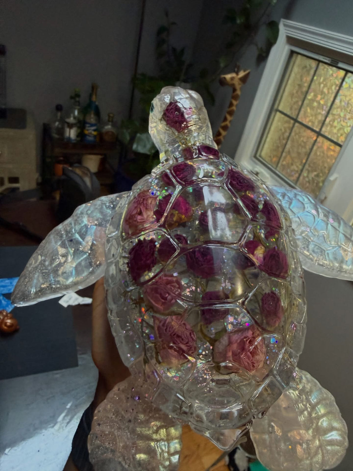Giant Crystal Resin Turtle with Preserved Roses & LED Light Base – additional product view