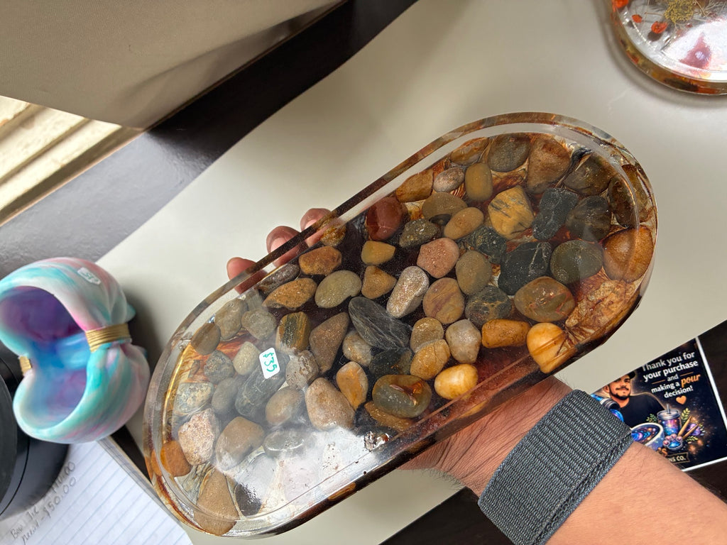 Handmade resin tray with natural river stones
