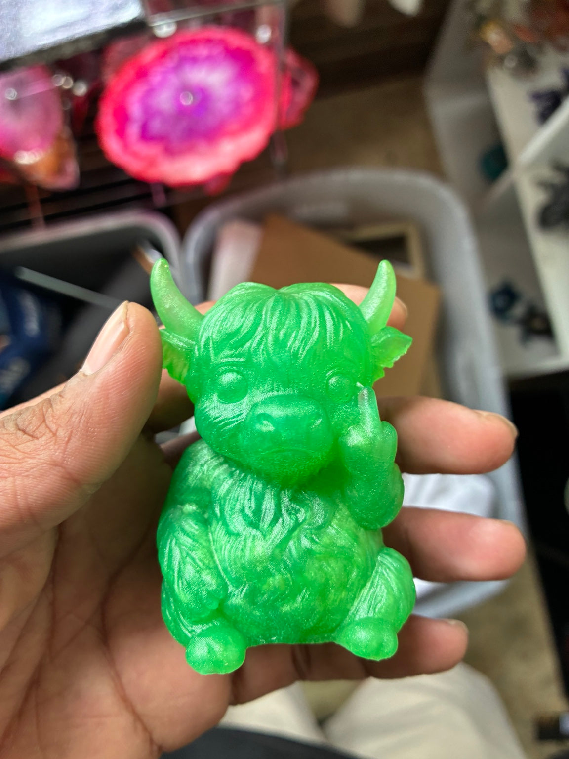 Green Shimmer Sassy Highland Cow Resin Figurine