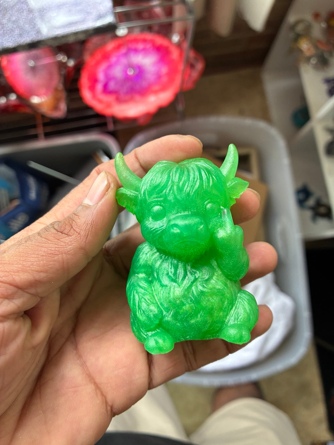 Green Shimmer Sassy Highland Cow Resin Figurine
