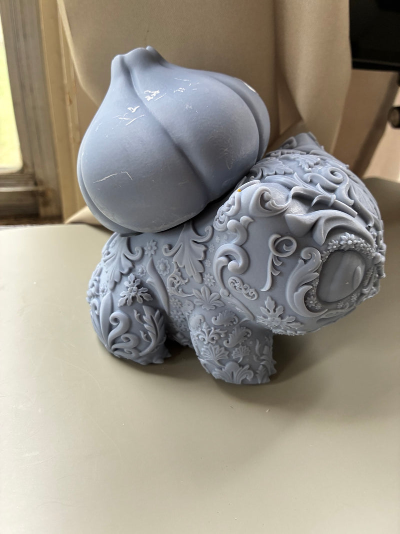 Large ornate Bulbasaur-inspired UV resin 3D printed DIY paint figure, front angle