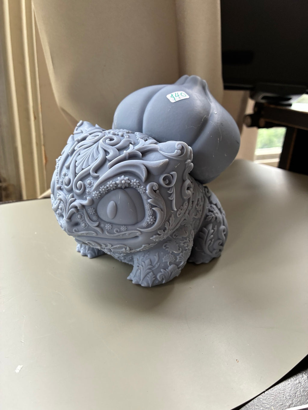 Large ornate Bulbasaur-inspired UV resin 3D printed DIY paint figure, detailed front angle