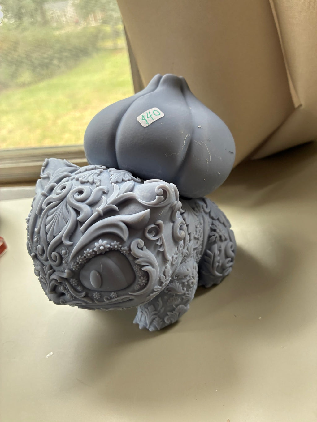 Large ornate Bulbasaur-inspired UV resin 3D printed DIY paint figure, close front view