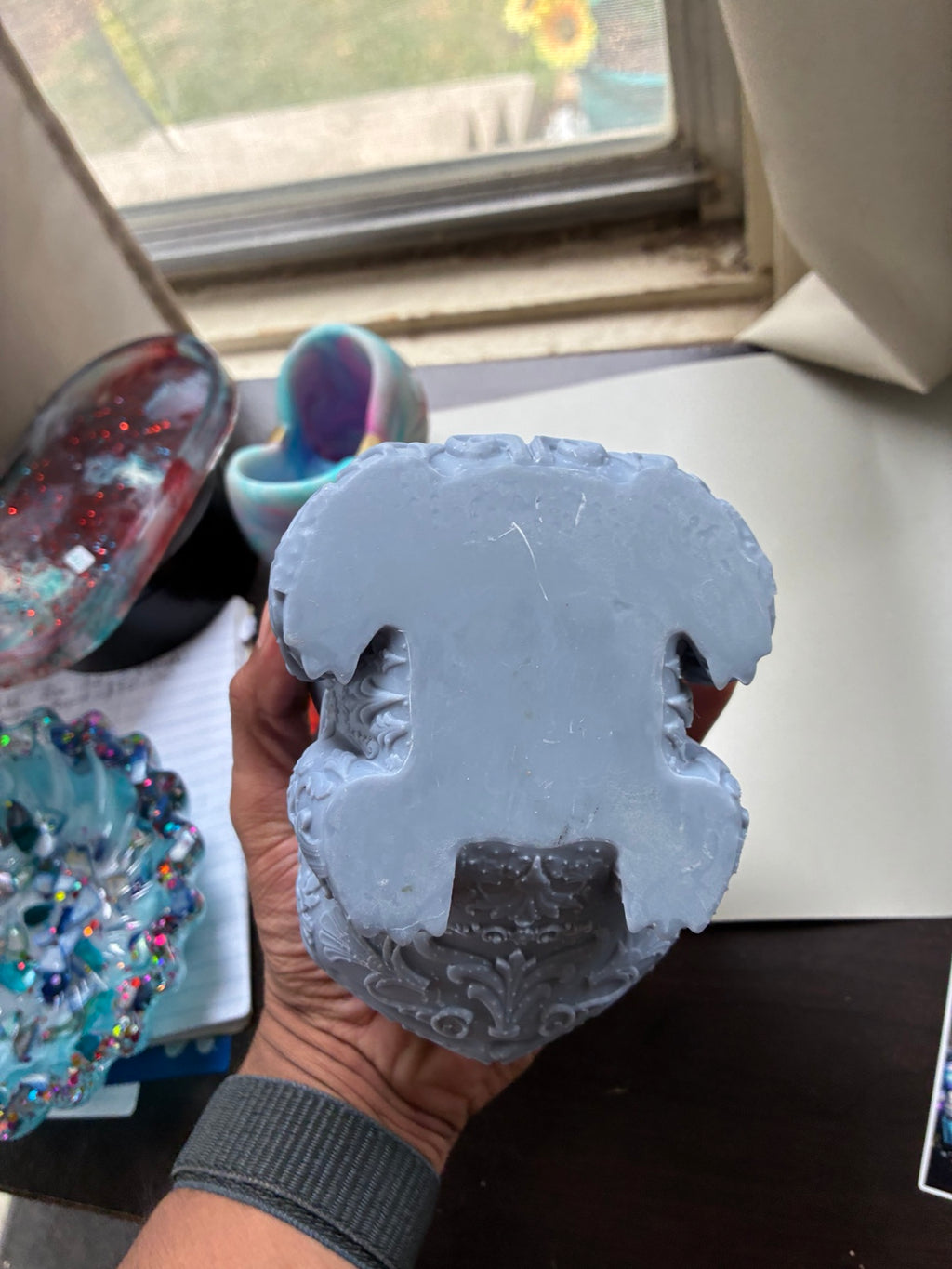 Large ornate Bulbasaur-inspired UV resin 3D printed DIY paint figure, rear side detail