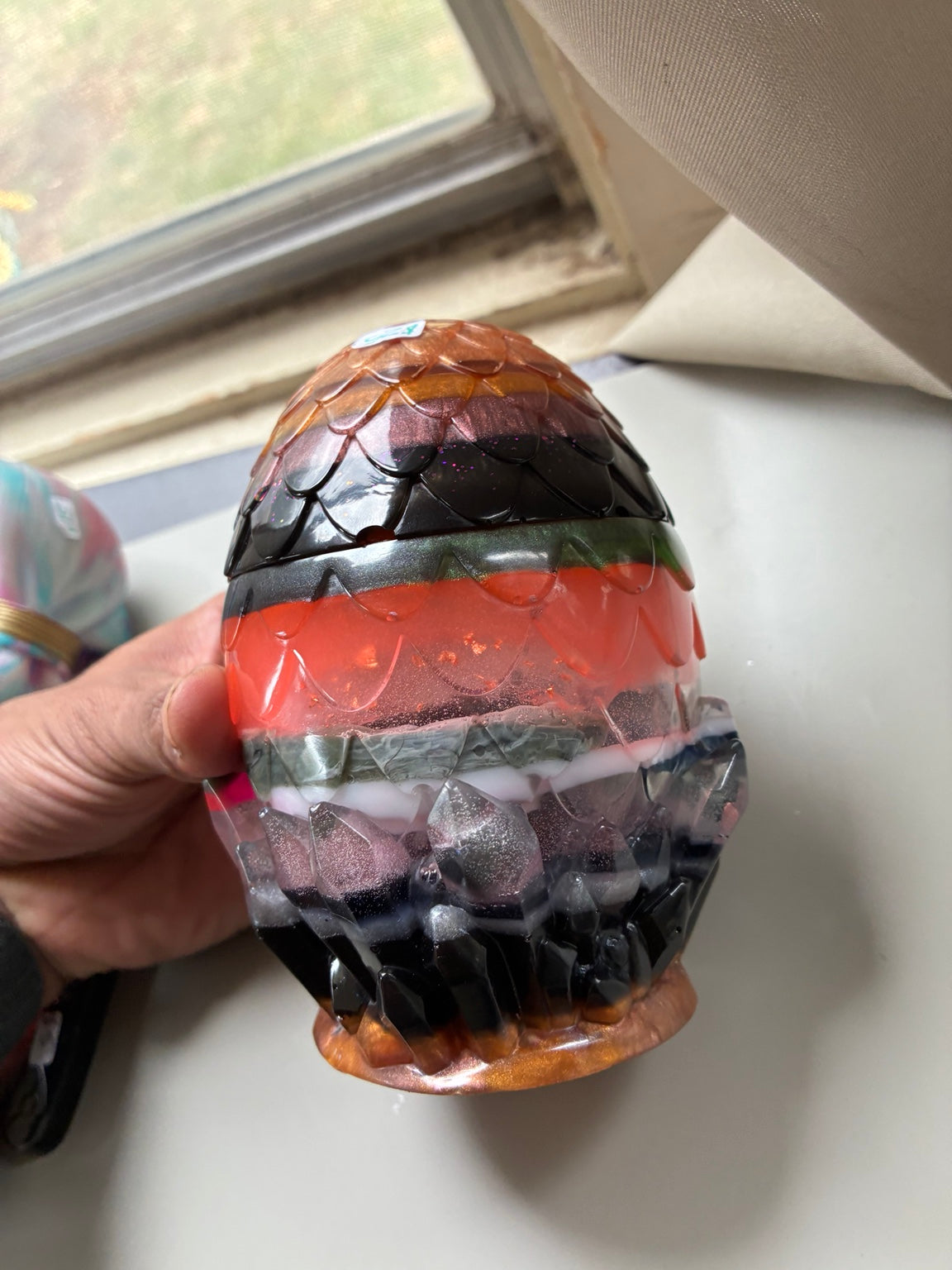 Back view of multicolor handmade dragon egg resin storage jar