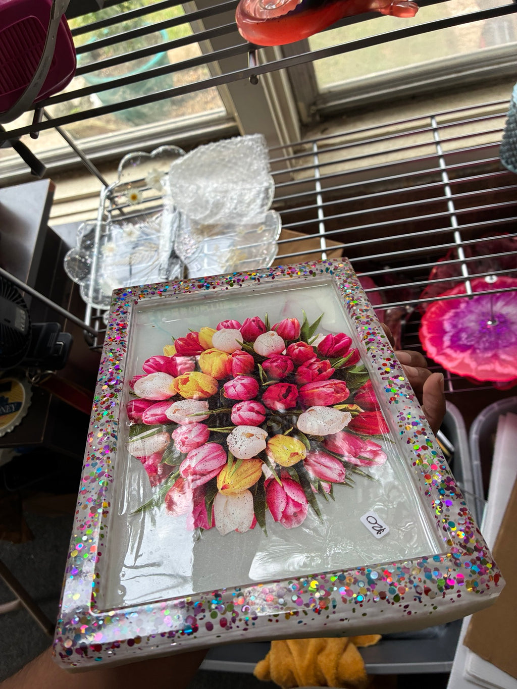 Floral tulip resin tray with colorful glitter border