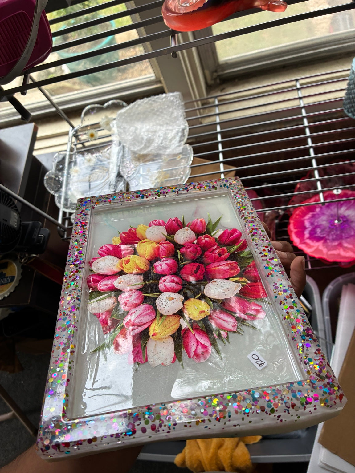 Floral tulip resin tray with colorful glitter border