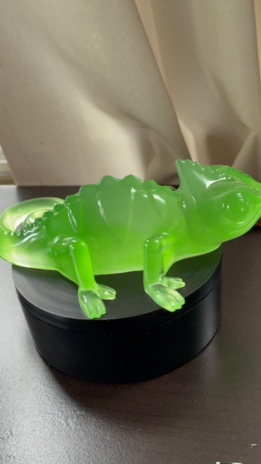 Green glow-in-the-dark handmade resin chameleon figurine view 1