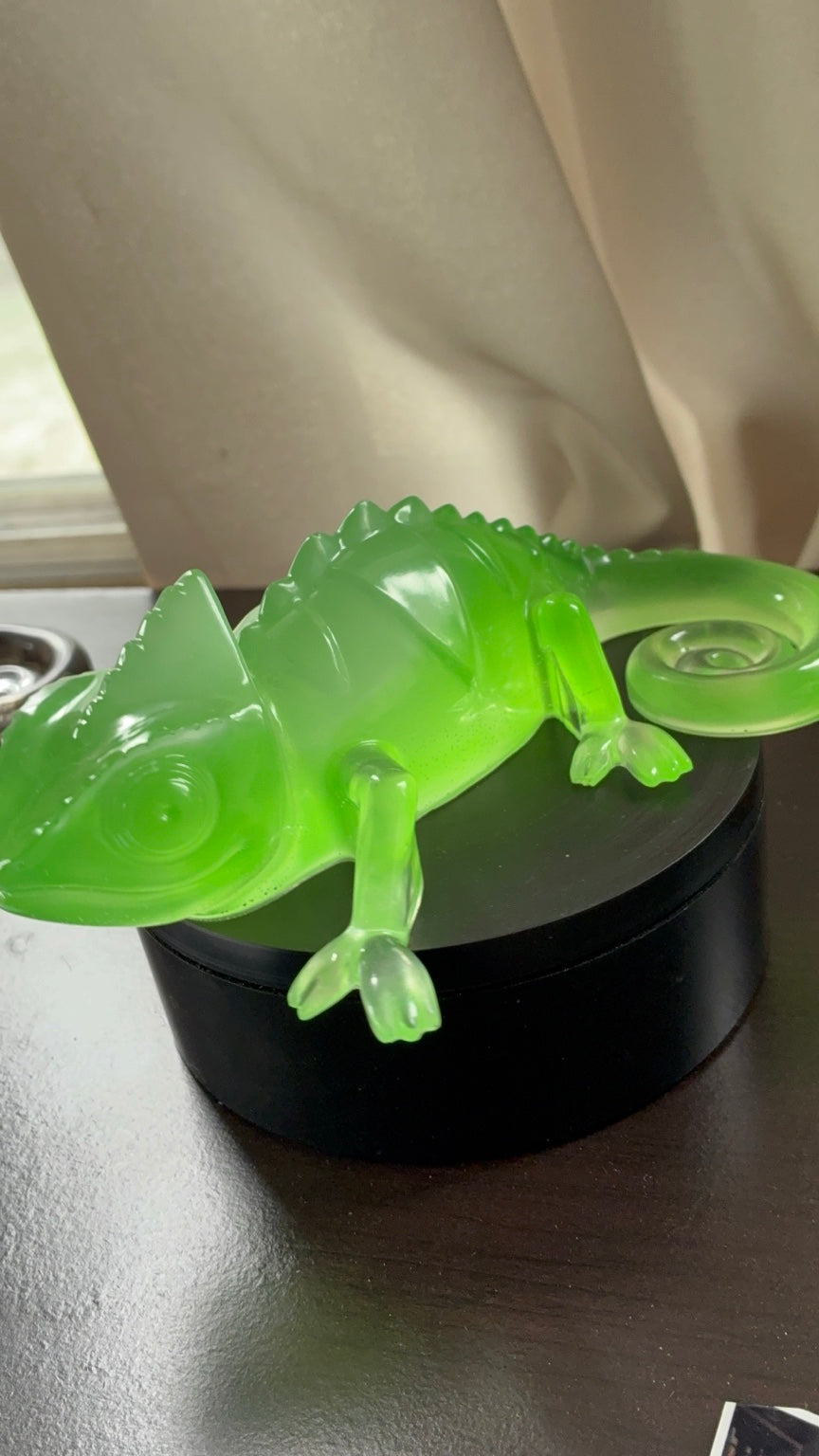 Green glow-in-the-dark handmade resin chameleon figurine view 3