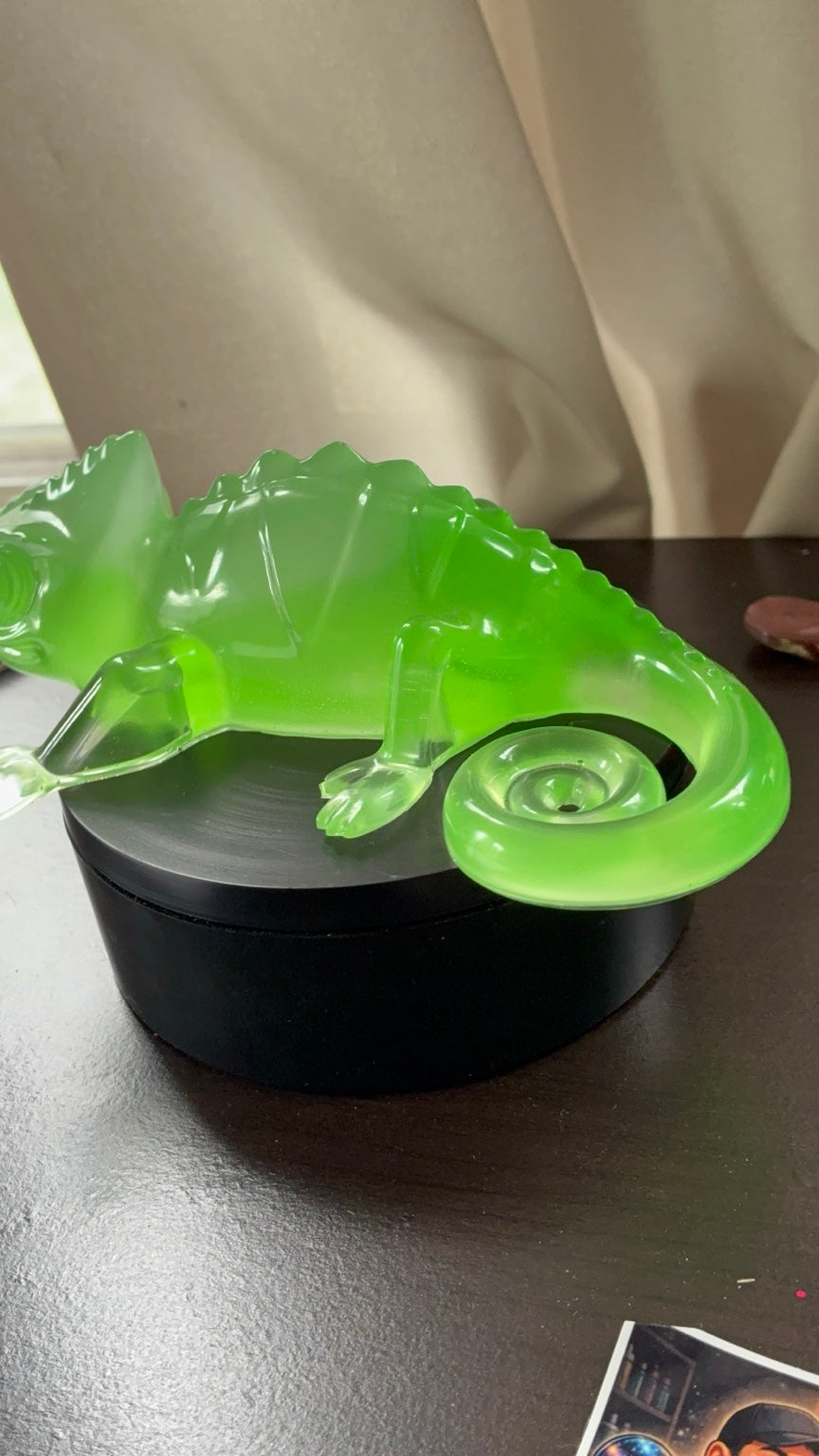 Green glow-in-the-dark handmade resin chameleon figurine view 4