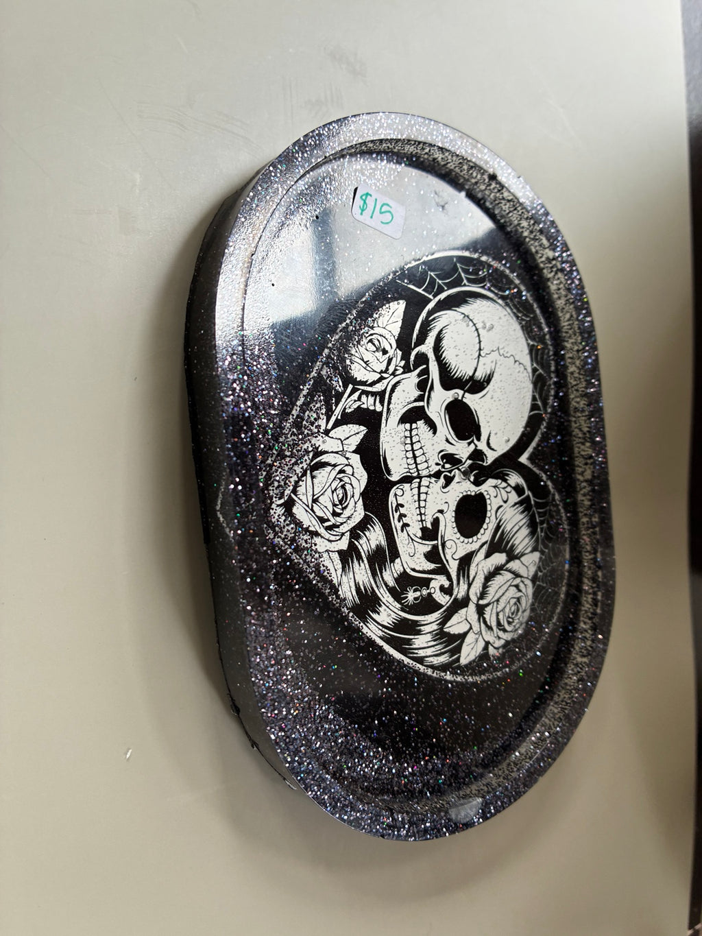 Black glitter Halloween resin catch-all tray with skull couple design view 1