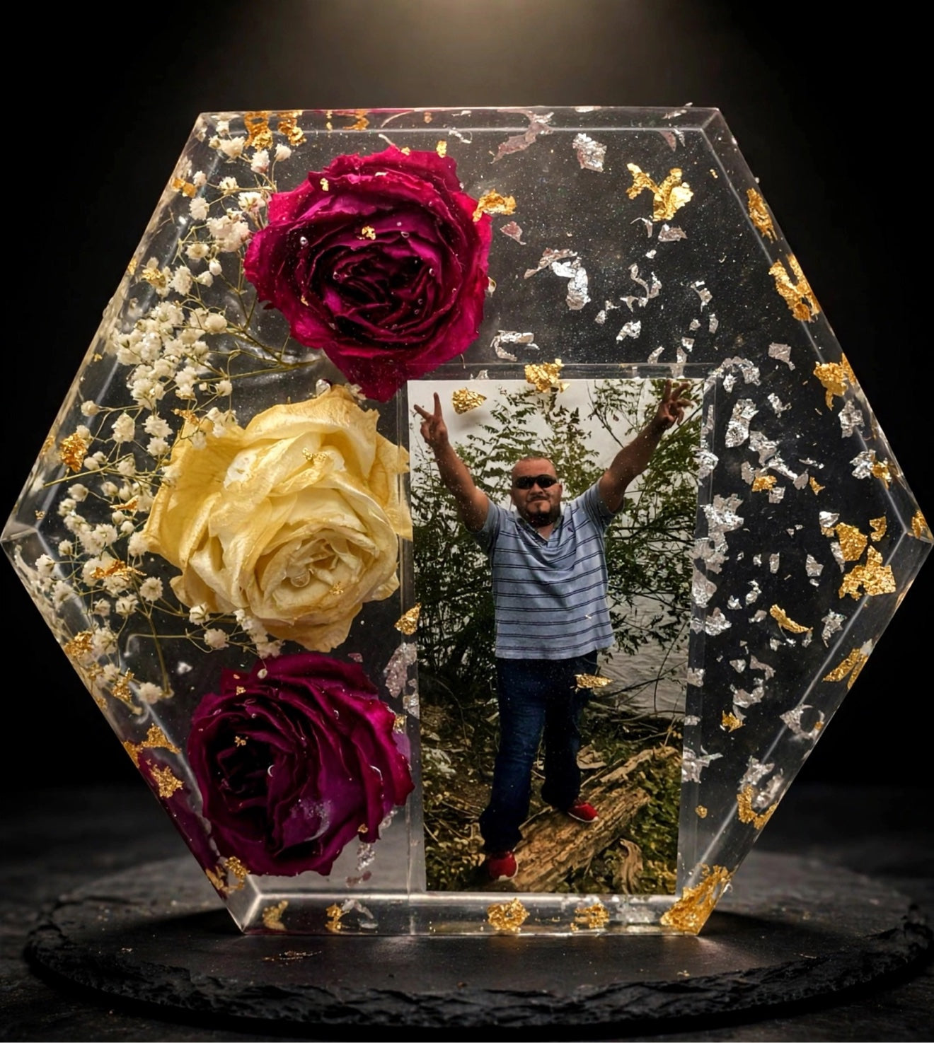 Handmade resin hexagon memorial with preserved red and cream roses, baby's breath, gold flake, and a photo