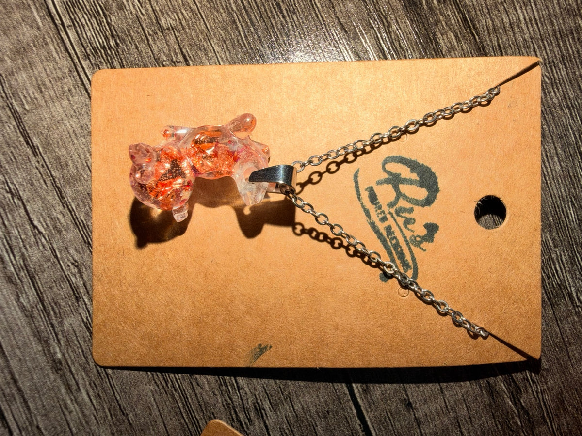 Handmade mini axolotl resin pendant necklace with orange foil accents