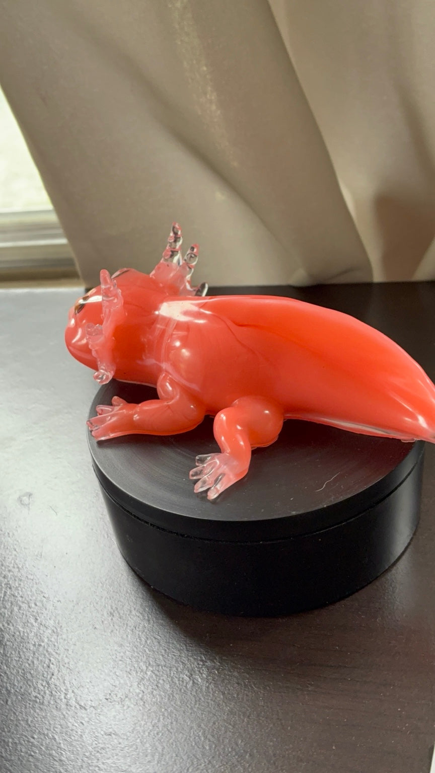 Back and side view of pink resin axolotl with clear tail and gill accents