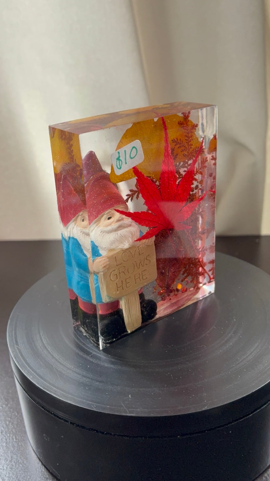 Angled front view of handmade preserved botanical gnome resin paperweight