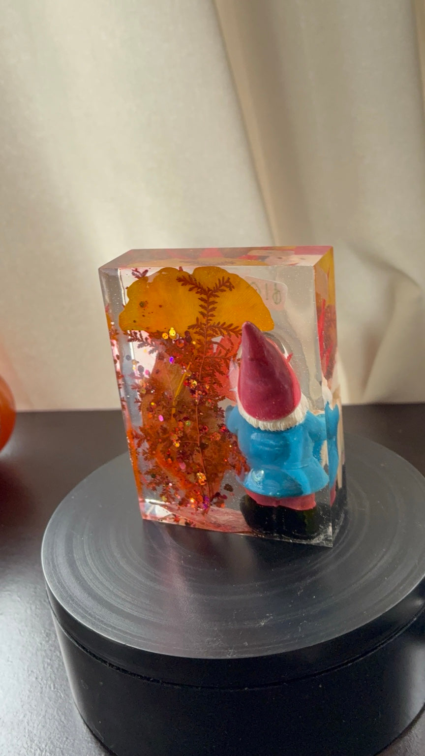 Back view showing preserved autumn botanicals inside the clear resin gnome paperweight