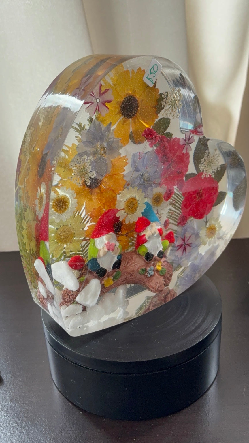 Pressed flower and gnome resin heart handmade floral keepsake view 1