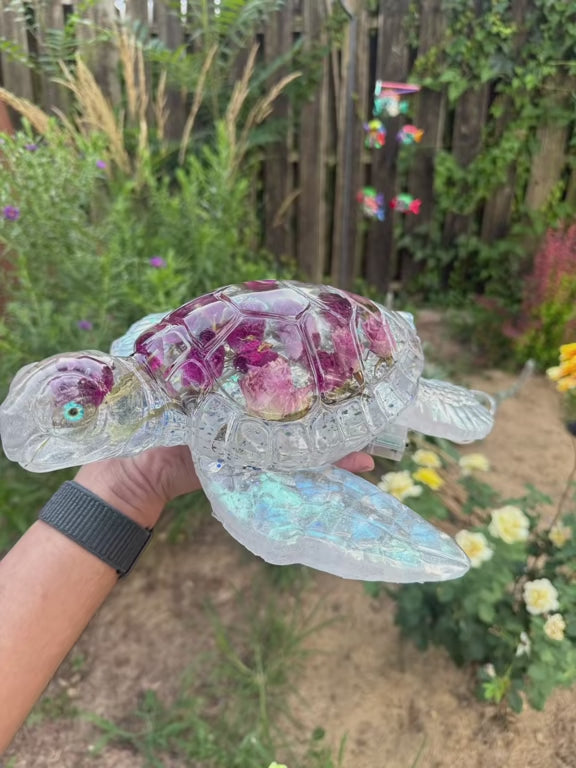 Giant Crystal Resin Turtle with Preserved Roses & LED Light Base