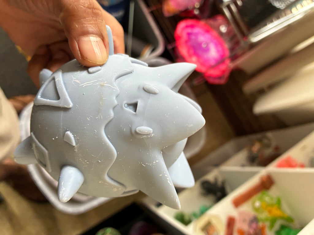 Gray solid Togepi-inspired UV resin 3D printed DIY paint figure, detailed front side view
